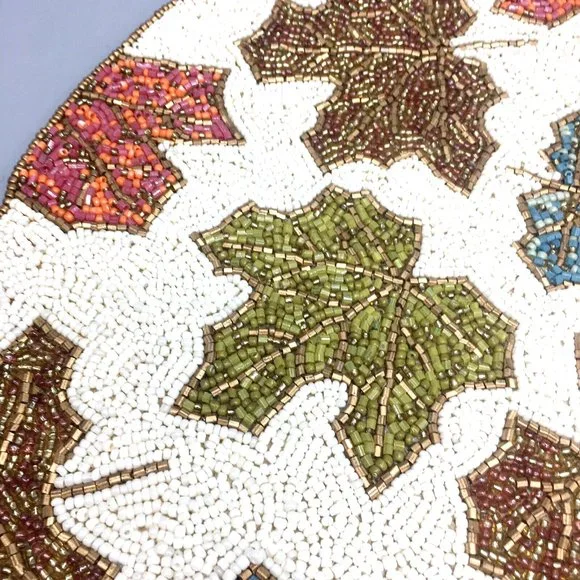 x2 Tahari Fall Maple Leaves Beaded Placemat Set Orange Blue Green Decor 14